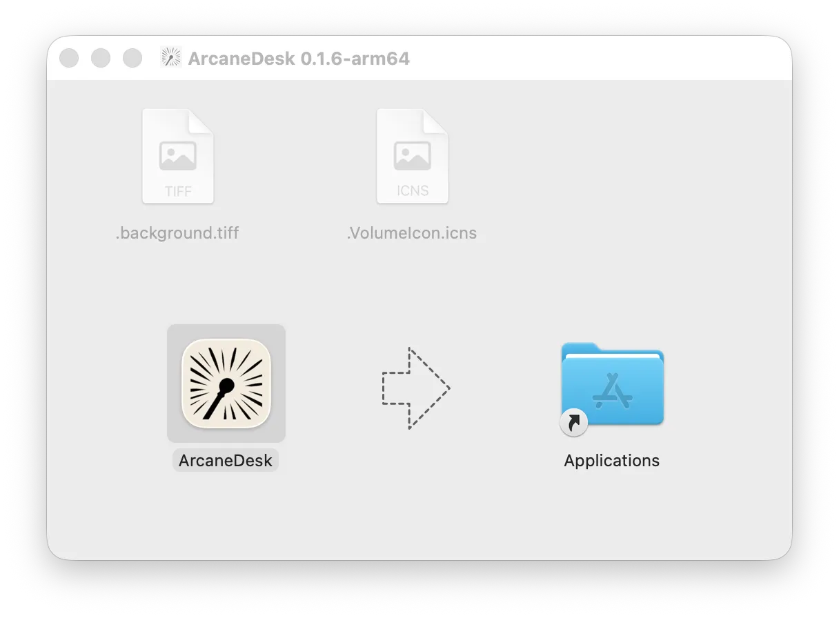 DMG 安装窗口:把 ArcaneDesk 拖进 Applications